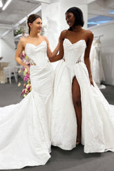 Beautiful White Sweetheart Strapless Ruffles Cathedral Train Satin Wedding Dress With Lace